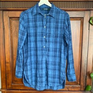 Ralph Lauren Lauren 100% Linen woven blue plaid tunic half button front